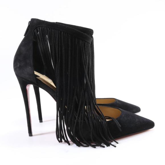 Courtain 100mm Suede fringe black ankle strap pumps D173